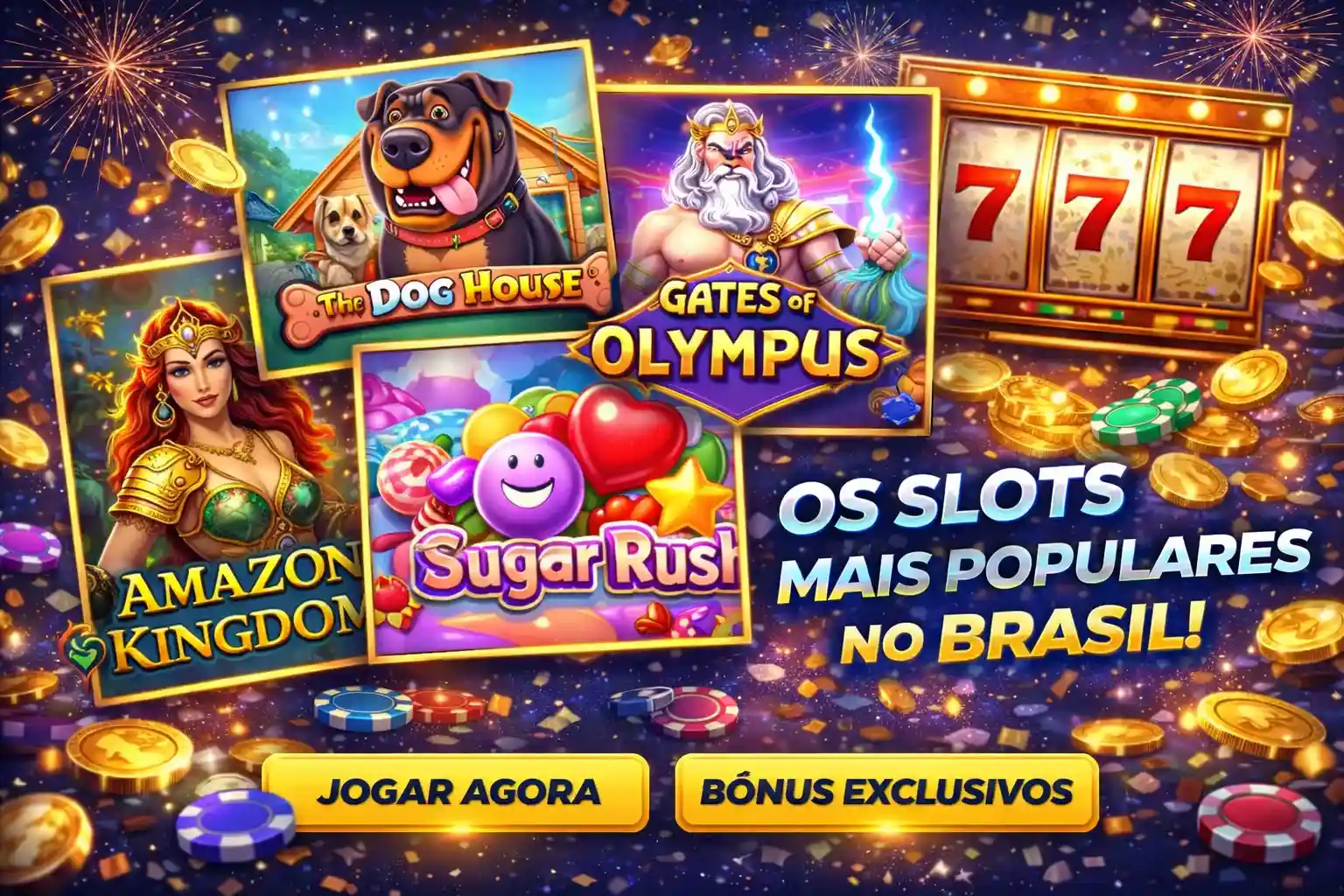 Colagem de slots populares no Brasil com personagens e máquinas caça-níqueis